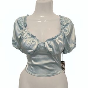 Haute Monde - Light Blue Satin Puff Sleeves Crop Blouse